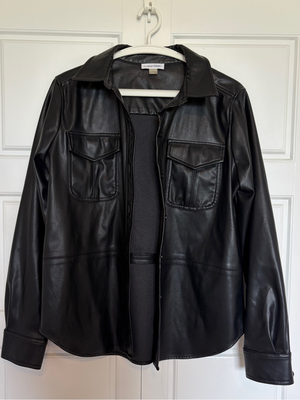 Faux Leather Button-Up Jacket - Black